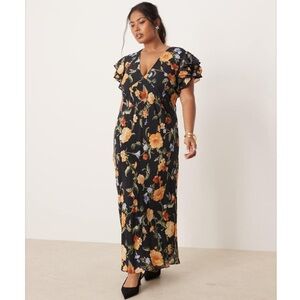 Nobody's Child Black Floral Frill Sleeve Layla Midi Dress Size 20